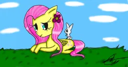 Size: 1920x1004 | Tagged: safe, artist:americavictoriano, derpibooru import, angel bunny, fluttershy, pegasus, pony, rabbit, animal, female, flower, flower in hair, grass, image, lying down, mare, png, prone, solo
