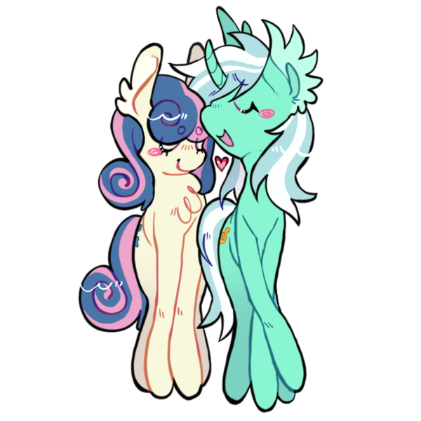 Size: 2048x2048 | Tagged: safe, artist:7redteeths, derpibooru import, bon bon, lyra heartstrings, sweetie drops, earth pony, pony, unicorn, chest fluff, duo, ear fluff, eyes closed, female, g4, heart, image, lesbian, lyrabon, png, shipping, simple background, smiling, white background