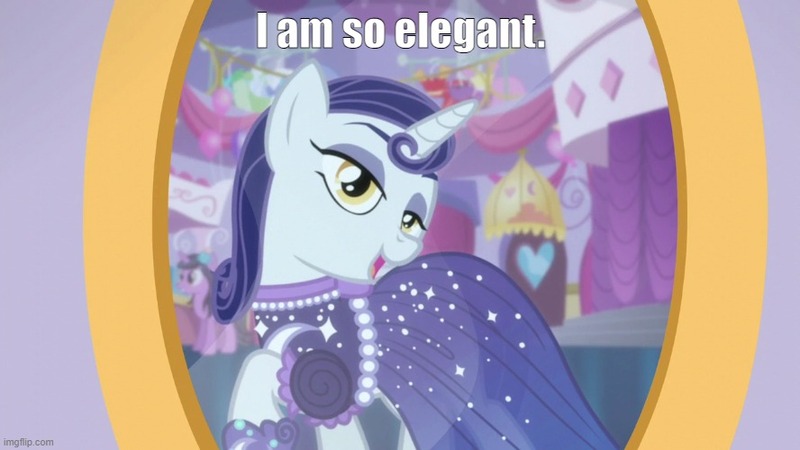 Size: 888x499 | Tagged: safe, derpibooru import, screencap, lily love, moonlight raven, canterlot boutique, caption, clothes, dress, elegant, image, image macro, imgflip, jpeg, over the moon, text