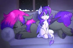 Size: 3489x2294 | Tagged: safe, artist:witchtaunter, derpibooru import, pony, commission, couch, cute, fangs, female, filly, foal, image, png, sitting, sleeping, snow