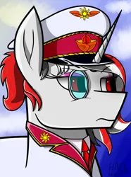 Size: 2496x3360 | Tagged: safe, artist:hno3, derpibooru import, oc, oc:red rocket, unofficial characters only, unicorn, equestria at war mod, bust, clothes, eyeshadow, general, gradient background, image, makeup, military, military uniform, monocle, png, portrait, red eyes, serious, solar empire, uniform, uniform hat