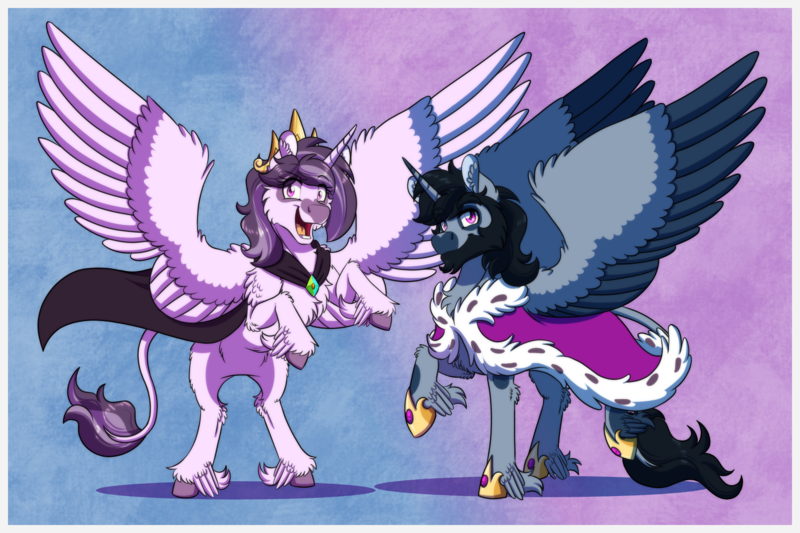 Size: 2100x1400 | Tagged: source needed, safe, artist:inuhoshi-to-darkpen, derpibooru import, oc, oc:lactis, oc:spitzer, alicorn, cape, clothes, crown, female, image, jewelry, looking at you, male, mother and child, mother and son, png, prince, queen, raba-pony, regalia, royalty, smiling