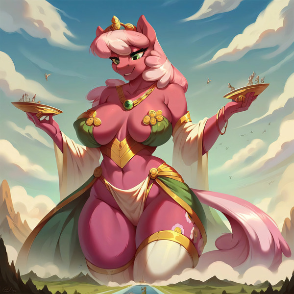 Size: 4096x4096 | Tagged: questionable, ai content, derpibooru import, machine learning generated, stable diffusion, cheerilee, anthro, belly button, big breasts, breasts, clothes, crown, curvy, female, g4, generator:purplesmart.ai, giantess, giga, goddess, image, jewelry, jpeg, looking down, macro, necklace, prompter:argusx, regalia, smiling, socks, spread arms, thigh highs, wide hips