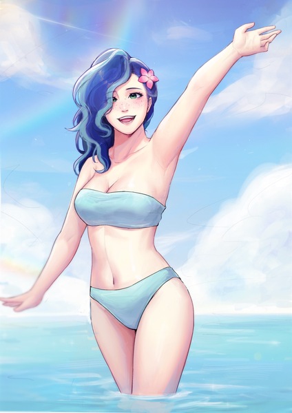 Size: 1572x2224 | Tagged: safe, alternate version, artist:anonymous, derpibooru import, human, g5, adorasexy, alternate hairstyle, armpits, belly, belly button, bikini, breasts, cleavage, clothes, cute, female, hair over one eye, humanized, image, jpeg, light skin, misty brightdawn, mistybetes, ocean, partially submerged, raised hand, sexy, solo, standing in water, swimsuit, water