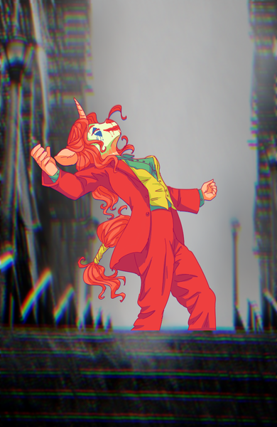 Size: 750x1154 | Tagged: safe, artist:amordidas, derpibooru import, oc, oc:bally, unofficial characters only, anthro, unicorn, chromatic aberration, clown makeup, dc comics, female, image, joker (2019), joker stairs, looking up, parody, png, solo, tail, tail wrap, the joker