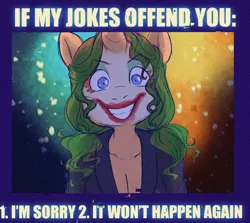 Size: 950x848 | Tagged: safe, artist:amordidas, derpibooru import, oc, oc:bally, unofficial characters only, anthro, unicorn, caption, clown makeup, dc comics, female, grin, image, image macro, looking at you, png, smiling, society, solo, text, the joker