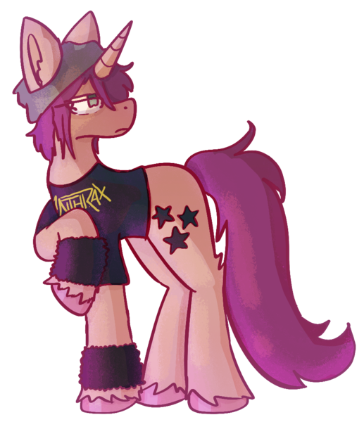 Size: 926x1074 | Tagged: safe, artist:clandestine, derpibooru import, ponified, pony, unicorn, beanie, clothes, cutie mark, ear fluff, frown, glasses, hat, hoof fluff, horn, image, long tail, looking sideways, mikey way, my chemical romance, png, raised hoof, shirt, simple background, solo, standing, sweatband, t-shirt, tail, transparent background, turned head, unshorn fetlocks