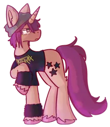 Size: 926x1074 | Tagged: safe, artist:clandestine, derpibooru import, ponified, pony, unicorn, beanie, clothes, cutie mark, ear fluff, frown, glasses, hat, hoof fluff, horn, image, long tail, looking sideways, mikey way, my chemical romance, png, raised hoof, shirt, simple background, solo, standing, sweatband, t-shirt, tail, transparent background, turned head, unshorn fetlocks