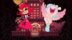 Size: 715x402 | Tagged: safe, derpibooru import, edit, edited screencap, editor:zcord, screencap, cozy glow, alicorn, alicornified, antagonist, clothes, cozycorn, dress, duo, duo female, evil laugh, female, grin, hazbin hotel, hotel, image, jpeg, laughing, nifty, race swap, smiling, spread wings, villainess, wings
