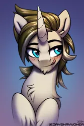 Size: 2000x3000 | Tagged: safe, artist:jedayskayvoker, derpibooru import, oc, oc:valsie, unofficial characters only, pony, unicorn, adorasexy, bedroom eyes, blushing, bust, chest fluff, chin fluff, cute, ear fluff, eyebrows, gradient background, horn, icon, image, male, png, portrait, sexy, solo, stallion, tongue out, unicorn oc, unshorn fetlocks