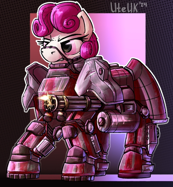 Size: 1608x1744 | Tagged: safe, artist:uteuk, derpibooru import, oc, unofficial characters only, earth pony, pony, angry, armor, female, harness, image, jpeg, mare, minigun, power armor, shooting, tack