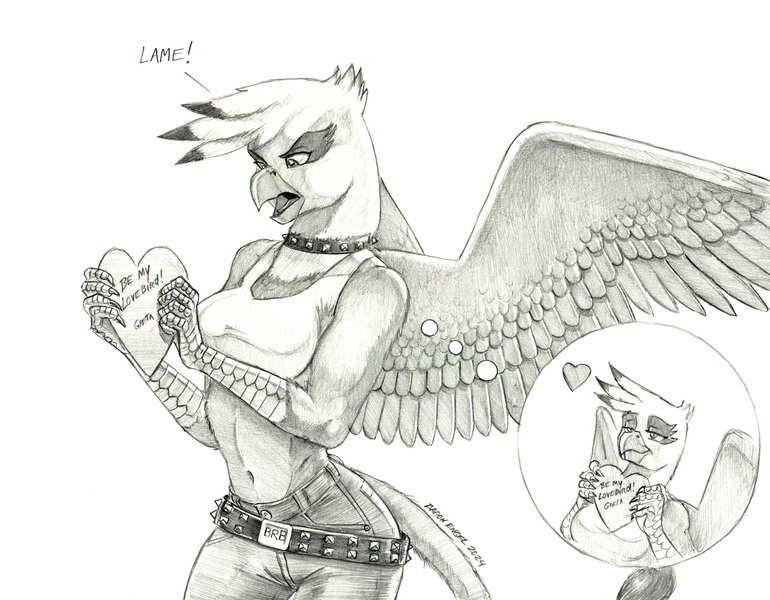 Size: 1400x1091 | Tagged: safe, artist:baron engel, derpibooru import, gilda, greta, anthro, gryphon, breasts, busty gilda, female, g4, grelda, hearts and hooves day, image, jpeg, lesbian, monochrome, pencil drawing, shipping, simple background, solo, traditional art, white background