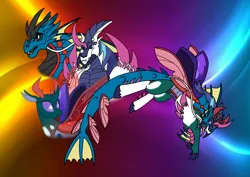 Size: 1414x1000 | Tagged: safe, artist:zetikoopa, derpibooru import, pharynx, shining armor, oc, oc:bass thunder, oc:odysseus, changedling, changeling, corrupted, fins, fusion, image, insect wings, male, png, prince pharynx, rainbow of darkness, species swap, tail, tail fin, wings
