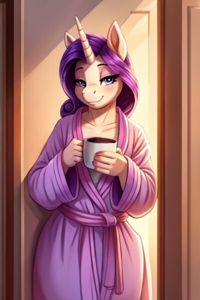 Size: 602x903 | Tagged: suggestive, ai content, derpibooru import, machine learning generated, prompter:chillyhooves, stable diffusion, rarity, anthro, bathrobe, bedroom eyes, clothes, coffee, image, jpeg, robe