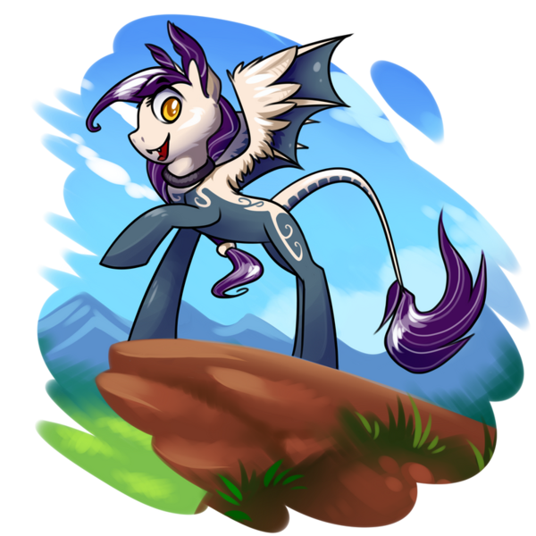 Size: 800x800 | Tagged: safe, artist:bestary, derpibooru import, oc, undead, vampire, vampony, 2d, cloud, grass, hair tie, image, looking at you, mountain, nature, png, raised hoof, rock, simple background, smiling, smiling at you, standing, transparent background, wings, yellow eyes