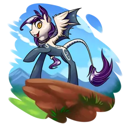 Size: 800x800 | Tagged: safe, artist:bestary, derpibooru import, oc, undead, vampire, vampony, 2d, cloud, grass, hair tie, image, looking at you, mountain, nature, png, raised hoof, rock, simple background, smiling, smiling at you, standing, transparent background, wings, yellow eyes