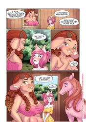 Size: 846x1200 | Tagged: suggestive, artist:pinkstables, derpibooru import, oc, oc:lily meadows, oc:miss berry, oc:sussy, anthro, earth pony, pony, series:pink stables, breasts, cleavage, clothes, comic, dialogue, dress, erect nipples, farm, image, nipple outline, off shoulder, png, tube top, udder