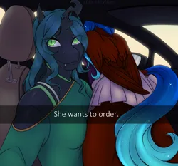 Size: 1600x1489 | Tagged: safe, artist:acry-artwork, derpibooru import, changeling queen oc, oc, unofficial characters only, anthro, changeling, changeling queen, pegasus, butt, car interior, female, he wants to order, image, jpeg, meme, pegasus oc, selfie, wings