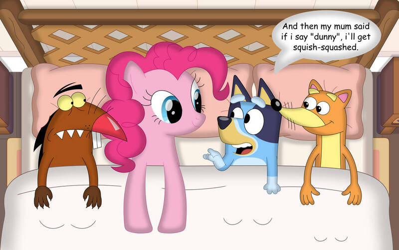 Size: 1128x708 | Tagged: safe, artist:porygon2z, derpibooru import, pinkie pie, beaver, dog, earth pony, fox, pony, angry beavers, australian cattle dog, bed, bluey, bluey heeler, crossover, daggett doofus beaver, dialogue, dora the explorer, female, g4, image, jpeg, male, mare, pillow, smiling, swiper