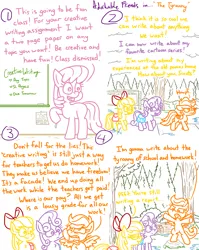Size: 4779x6013 | Tagged: safe, artist:adorkabletwilightandfriends, derpibooru import, apple bloom, cheerilee, scootaloo, sweetie belle, pegasus, pony, unicorn, comic:adorkable twilight and friends, adorkable, adorkable friends, back of head, bag, bow, chalk, chalkboard, comic, cute, cutie mark crusaders, dork, drawing, excited, female, filly, foal, forest, funny, grass, handwriting, happy, homework, humor, image, listening, mare, nature, png, puddle, reality shift, saddle bag, school, sidewalk, sign, slice of life, smiling, stone, tree, walking, water, wet