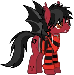 Size: 1372x1395 | Tagged: safe, artist:lightningbolt, derpibooru import, ponified, bat pony, pony, .svg available, bat wings, clothes, derpibooru exclusive, ear fluff, fall out boy, fangs, hair over one eye, hoodie, image, male, pete wentz, png, show accurate, simple background, slit pupils, smiling, solo, spread wings, stallion, standing, tattoo, transparent background, vector, wings