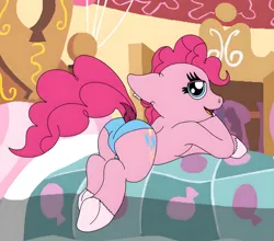 Size: 828x727 | Tagged: suggestive, artist:thebronypony123, derpibooru import, pinkie pie, earth pony, pony, bed, clothes, female, g4, image, jpeg, solo, underwear