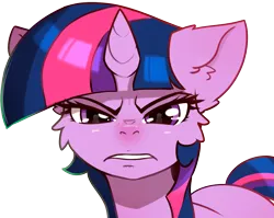 Size: 1364x1085 | Tagged: safe, artist:alcor, derpibooru import, twilight sparkle, unicorn, angry, cheek fluff, ear fluff, image, looking at you, png, simple background, transparent background, unicorn twilight
