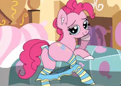 Size: 828x593 | Tagged: suggestive, artist:thebronypony123, derpibooru import, pinkie pie, earth pony, pony, clothes, female, image, jpeg, socks, solo, underwear