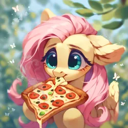 Size: 1846x1846 | Tagged: safe, ai content, derpibooru import, machine learning assisted, machine learning generated, stable diffusion, fluttershy, butterfly, insect, pegasus, pony, beautiful, blushing, cute, detailed hair, ear fluff, eating, fluffy, food, forest, forest background, g4, generator:purplesmart.ai, green eyes, image, leaf, nature, pink hair, pizza, png, prompter:saltyvity, smiley face, smiling, solo, tree