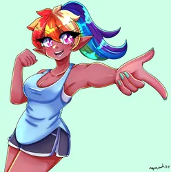Size: 2079x2100 | Tagged: safe, artist:mylittleyuri, derpibooru import, rainbow dash, human, armpits, breasts, busty rainbow dash, cleavage, clothes, elf ears, eye clipping through hair, female, green background, high res, humanized, image, nail polish, open mouth, open smile, png, shorts, signature, simple background, smiling, solo, tan skin