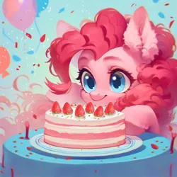 Size: 1846x1846 | Tagged: safe, ai content, derpibooru import, machine learning assisted, machine learning generated, stable diffusion, pinkie pie, earth pony, pony, balloon, beautiful, blue background, blue eyes, cake, cute, detailed hair, ear fluff, fluffy, food, g4, generator:purplesmart.ai, happy, happy birthday, image, long hair, pink hair, png, prompter:saltyvity, simple background, smiley face, smiling, solo, sparkles, strawberry
