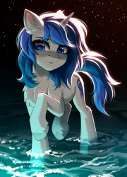 Size: 3100x4298 | Tagged: safe, artist:hakaina, derpibooru import, oc, oc:eden, oc:eden (across the divide), unofficial characters only, pony, unicorn, fallout equestria, fallout equestria: across the divide, female, horn, image, mare, partially submerged, png, solo, standing in water, stars, unicorn oc, water, wingding eyes