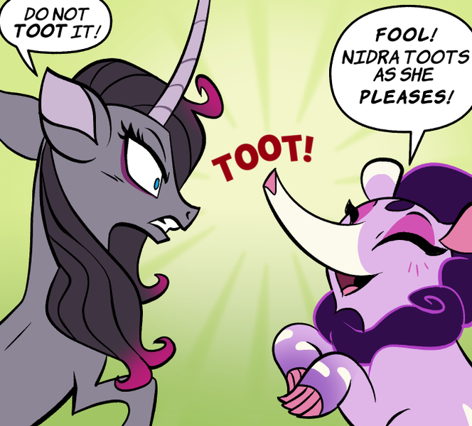 Size: 674x609 | Tagged: safe, artist:lindsay towns, derpibooru import, oleander (tfh), classical unicorn, unicorn, them's fightin' herds, cloven hooves, community related, horn, image, leonine tail, nidra (tfh), png, speech bubble, tapir, toot, unshorn fetlocks