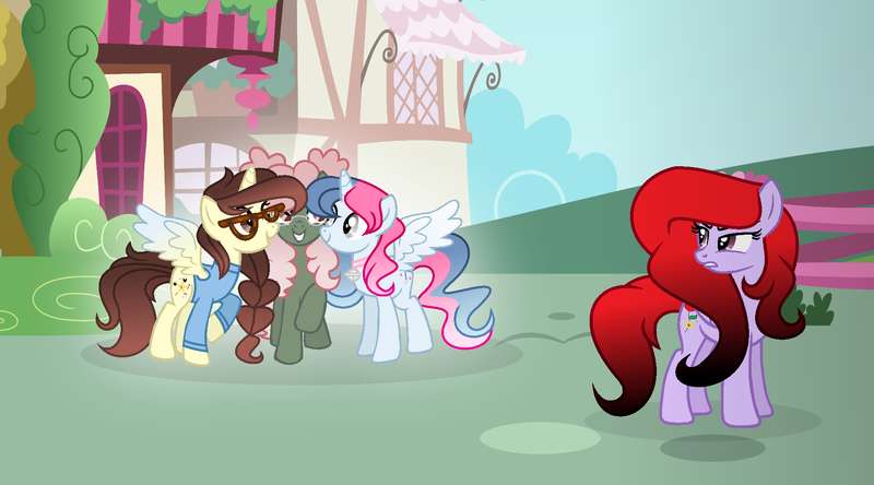 Size: 1918x1065 | Tagged: safe, artist:darbypop1, derpibooru import, oc, oc:darby, oc:melody everbelle, oc:pixie crystal, oc:regina rosa, unofficial characters only, alicorn, pegasus, pony, unicorn, female, image, mare, png