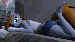 Size: 3840x2160 | Tagged: safe, artist:marianokun, derpibooru import, oc, oc:littlepip, anthro, plantigrade anthro, unicorn, fallout equestria, 3d, bed, blender, clothes, image, looking at you, lying down, on bed, one eye closed, pants, png, prone, room, skirt, vault