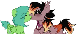 Size: 8000x3573 | Tagged: safe, artist:mcjojo, derpibooru import, oc, oc:dennis, oc:toxic rat, pegasus, pony, base used, chains, commission, duo, duo male and female, eyes closed, eyeshadow, female, image, jewelry, kissing, makeup, male, mare, markings, multicolored hair, necklace, oc x oc, png, raised hoof, shipping, simple background, stallion, straight, transparent background, ych result