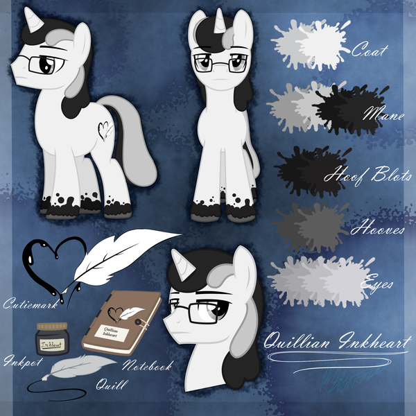 Size: 2000x2000 | Tagged: safe, artist:hoodwinkedtales, derpibooru import, oc, oc:quillian inkheart, unicorn, cutie mark, glasses, image, ink, notebook, png, quill, quill pen, reference sheet