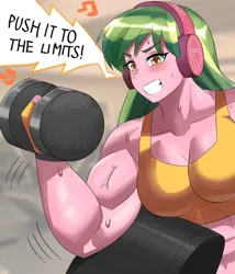 Size: 800x934 | Tagged: safe, artist:tzc, derpibooru import, lemon zest, equestria girls, abs, blushing, breasts, clothes, commission, female, fingerless gloves, g4, gloves, grin, gritted teeth, gym, headphones, image, jpeg, muscles, muscular female, music, smiling, solo, sports bra, sweat, teeth, weight lifting, weights