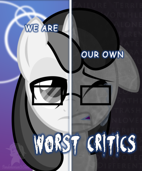 Size: 816x980 | Tagged: artist needed, safe, derpibooru import, oc, oc:quillian inkheart, pony, unicorn, crying, duality, glasses, image, insult, png, text, tired, two sides