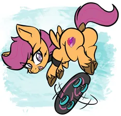Size: 1750x1668 | Tagged: suggestive, artist:steelsoul, derpibooru import, scootaloo, pegasus, pony, board, butt, dock, female, filly, foal, foalcon, image, jumping, looking back, open mouth, open smile, plot, png, scootabutt, skateboard, smiling, tail, tricks, underage