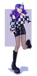 Size: 982x2000 | Tagged: safe, artist:irisikiki, derpibooru import, rarity, human, artificial horn, augmented, boots, clothes, elf ears, female, horn, horned humanization, humanized, image, looking at you, magic, magic horn, passepartout, png, purse, shoes, simple background, skirt, smiling, smiling at you, solo, standing, standing on one leg, sweater, white background