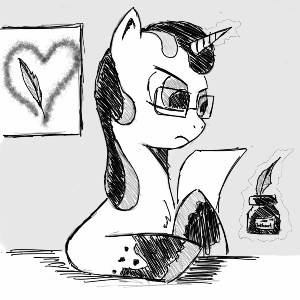 Size: 980x980 | Tagged: safe, artist:arcanelexicon, derpibooru import, oc, oc:quillian inkheart, pony, unicorn, cutie mark, glasses, image, ink, monochrome, png, quill, solo
