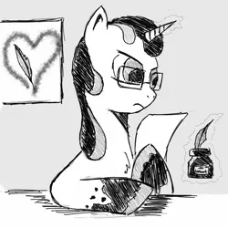 Size: 980x980 | Tagged: safe, artist:arcanelexicon, derpibooru import, oc, oc:quillian inkheart, pony, unicorn, cutie mark, glasses, image, ink, monochrome, png, quill, solo