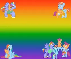 Size: 3980x3276 | Tagged: artist needed, safe, alternate version, anonymous artist, artist:limedazzle, artist:roman-santos, artist:waranto, derpibooru import, bow hothoof, rainbow dash, scootaloo, windy whistles, pegasus, pony, ^^, adopted, adopted daughter, adopted offspring, big smile, bowabetes, cute, cutealoo, daaaaaaaaaaaw, dashabetes, eyes closed, family, father and child, father and daughter, female, headcanon, hug, image, lifting, looking at each other, looking at someone, male, mother and child, mother and daughter, offspring, parent:bow hothoof, parent:windy whistles, parents:windyhoof, png, poster, rainbow background, riding, scootadoption, scootalove, siblings, sisters, smiling, smiling at each other, spin-off, spread wings, wholesome, windybetes, winghug, wings