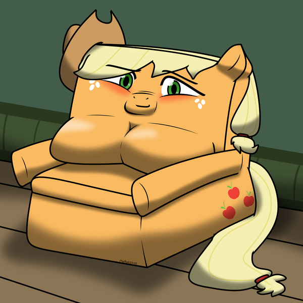 Size: 2550x2550 | Tagged: suggestive, artist:mattyk2345, derpibooru import, applejack, applejack's hat, armchair, big breasts, blushing, breasts, busty applejack, chair, chestbreasts, cowboy hat, eyebrows, eyebrows visible through hair, featureless breasts, female, furniture, g4, hat, high res, huge breasts, image, inanimate tf, magical mishap, objectification, png, recliner, solo, solo female, tail, transformation