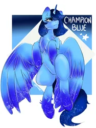 Size: 1080x1440 | Tagged: artist needed, source needed, safe, derpibooru import, oc, oc:blue thunder, alicorn, champion, horn, image, name, png, title, wings