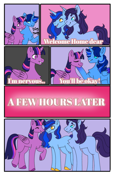 Size: 994x1528 | Tagged: safe, derpibooru import, twilight sparkle, twilight sparkle (alicorn), oc, oc:blue thunder, alicorn, unicorn, comic, image, meeting, parent, png