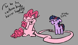 Size: 929x546 | Tagged: safe, artist:skookz, derpibooru import, pinkie pie, twilight sparkle, earth pony, pony, unicorn, :3, duo, female, gray background, image, mare, noodle arms, png, simple background, speech bubble, stretchy, text