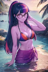 Size: 1024x1536 | Tagged: suggestive, ai content, derpibooru import, editor:masterdarhil, machine learning generated, sci-twi, twilight sparkle, equestria girls, belly button, bikini, breasts, cleavage, clothes, g4, glasses, image, jpeg, ocean, palm tree, partially submerged, photoshop, ponytail, prompter:sammykun, recolor, slender, smiling, solo, swimsuit, thin, tree, water