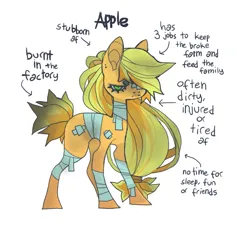 Size: 833x755 | Tagged: safe, artist:cutesykill, derpibooru import, applejack, earth pony, pony, alternate design, alternate name, alternate tailstyle, alternate universe, applejack is not amused, bags under eyes, bandage, bandaged leg, beanbrows, big ears, burned, colored eyebrows, colored muzzle, colored pinnae, dirty, ear piercing, earring, eyebrows, eyelashes, female, frown, g4, glare, green eyes, hair over one eye, image, injured, jewelry, mare, messy mane, messy tail, narrowed eyes, one eye covered, piercing, png, ponytail, redesign, short tail, simple background, solo, standing, tail, text, unamused, white background